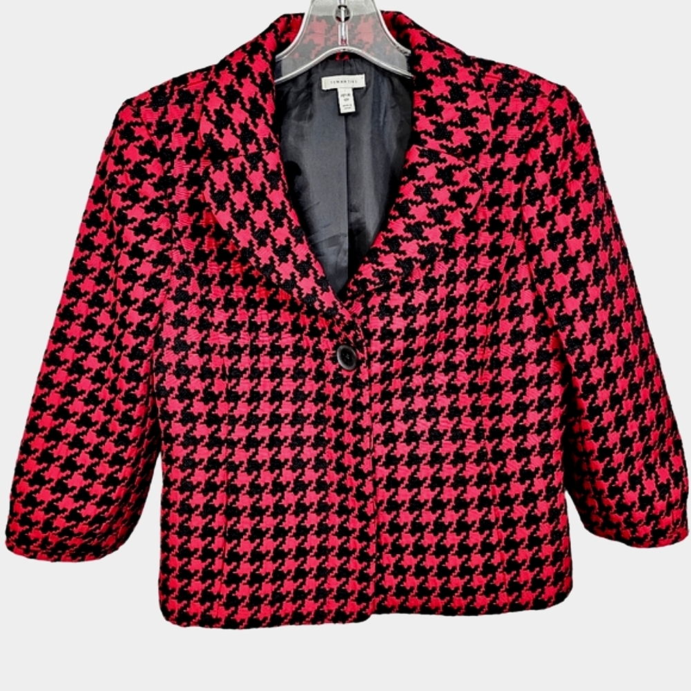 Semantiks Red/Black Three Quarter Sleeve Collared Houndstooth Crop Jacket